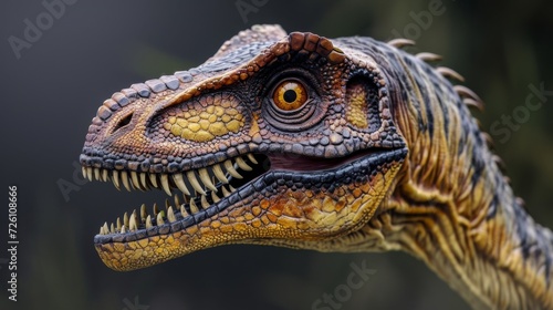 The reconstructed head of a velociraptor complete with slitted eyes sharp teeth and a curved claw offering a realistic look at this fearsome predator. © Justlight