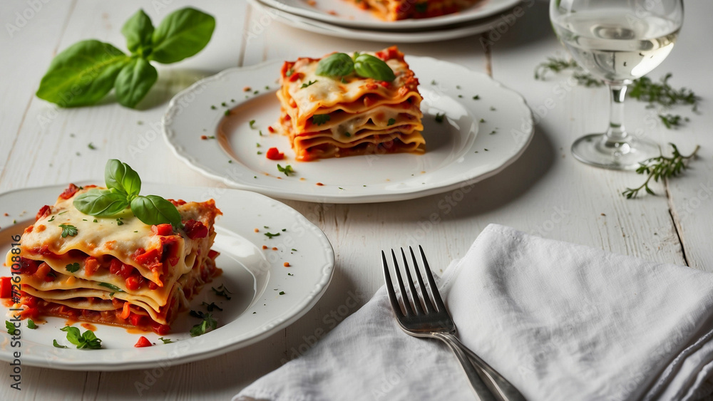 Envision the comforting sight of a vegetable lasagna arranged meticulously on a timeless plate, placed on a pristine white wooden table