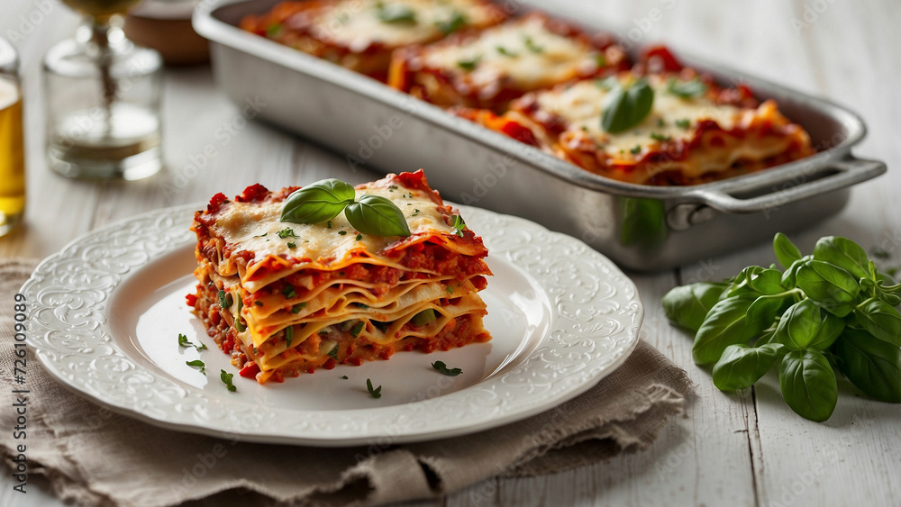 Envision the comforting sight of a vegetable lasagna arranged meticulously on a timeless plate, placed on a pristine white wooden table