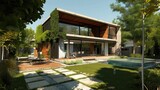 A sustainable home featuring eco-friendly design, modern interior with green living elements, energy-efficient appliances, and smart technology integration