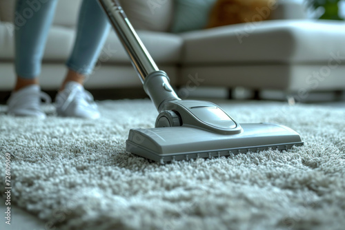 Close-up of a vacuum cleaner's head gliding over a fluffy, light-colored carpet, depicting household cleaning and maintenance