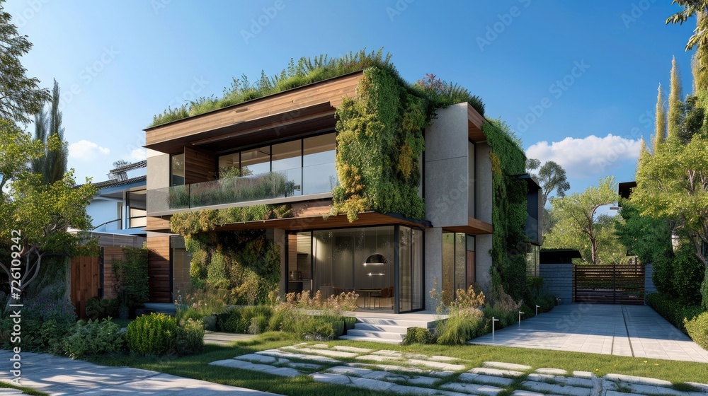 A sustainable home featuring eco-friendly design, modern interior with green living elements, energy-efficient appliances, and smart technology integration