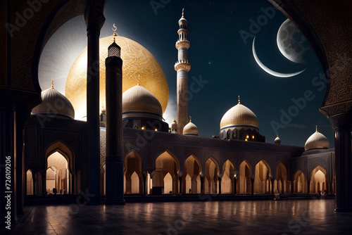a image of a mosque with the moon
