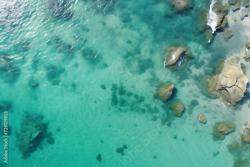Arial view of ocean water greenish, Relaxing Getaway, Beach Vacation Dreams, Travel Photography. 