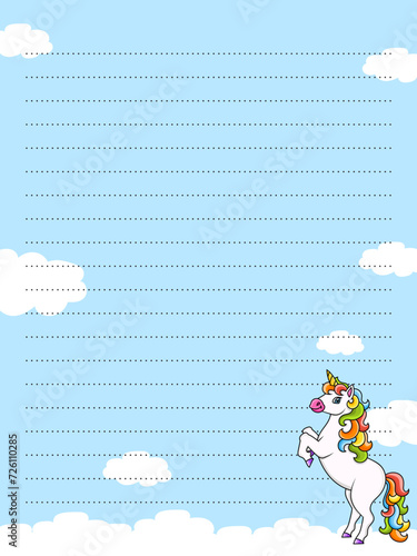 Colored sheet template for notes with unicorn. Paper page for journal, notebook, diary, letters, schedule, organizer. Cute cartoon character. Lined sheet. Vector illustration.