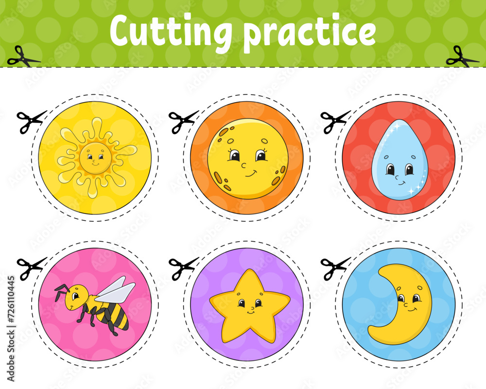 Cutting practice. Sticker sheet. Educational activity worksheet for kids and toddlers. Game for children. Vector illustration.