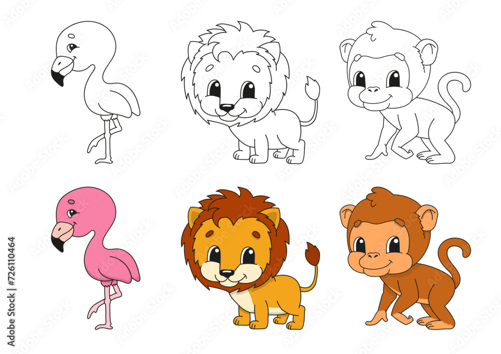 Obraz premium Set coloring page for kids. Cute cartoon characters. Black stroke. With sample. Bright stickers. Vector illustration.