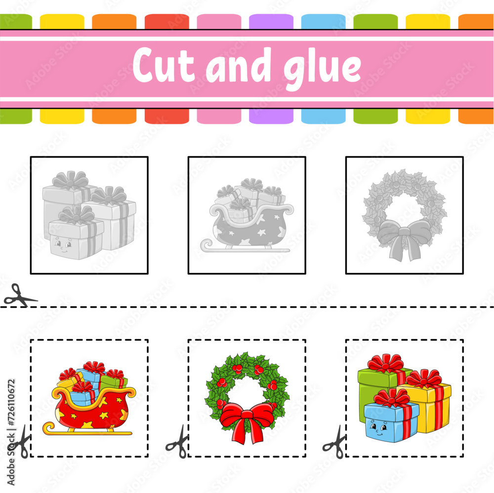 Fototapeta premium Cut and glue. Game for kids. Education developing worksheet. Color activity page. cartoon character. Vector illustration.