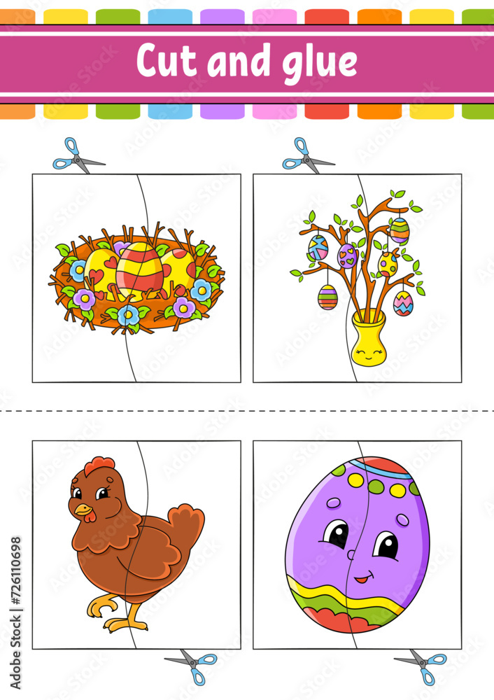 Fototapeta premium Cut and play. Paper game with glue. Flash cards. Education worksheet. Activity page. Funny character. cartoon style. Vector illustration.