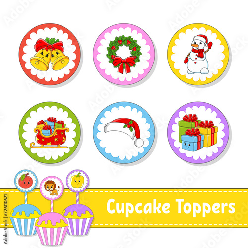 Cupcake Toppers. Set of six round pictures. cartoon characters. Cute image. For birthday, baby shower. Isolated on white background. Vector illustration.
