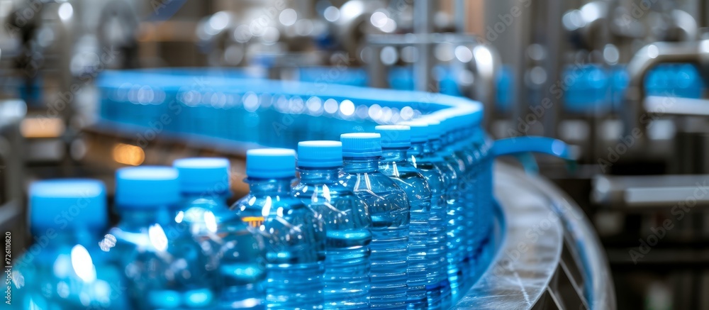 A water bottling plant with a focus on processing carbonated water into blue bottles. A water bottling plant with a focus on processing carbonated water into blue bottles.
