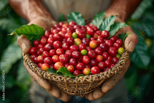 Hands cradling a basket full of vibrant red coffee cherries, surrounded by green foliage, highlighting the human touch in coffee harvesting