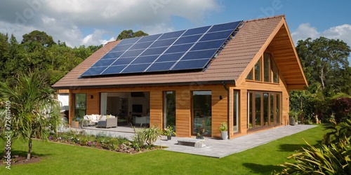 House with a photovoltaic system on the roof. Modern eco friendly house with landscaped yard. Green house concept.