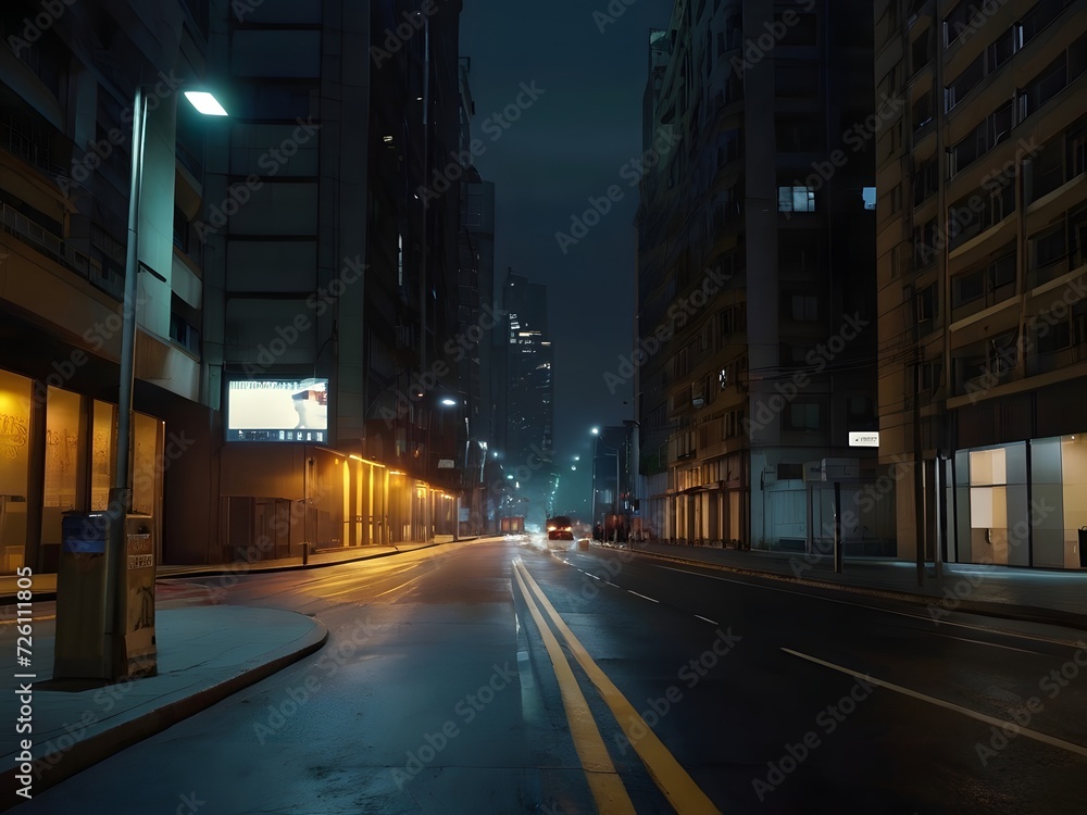 Mystic Urban Night: Empty City Street Illuminated by Glowing Lights