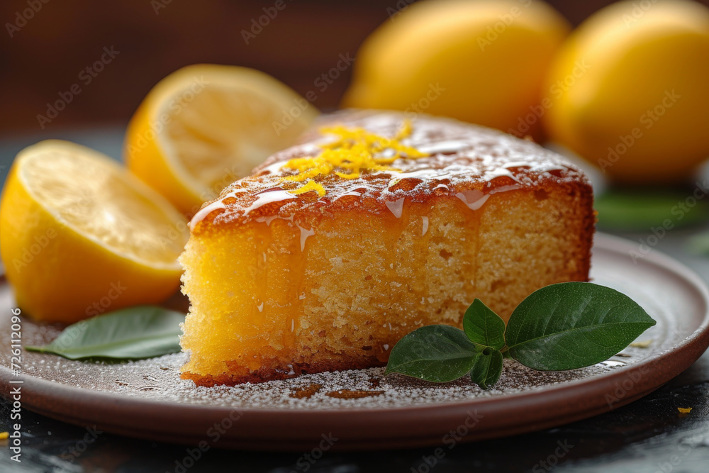slice of lemon pound cake with a delicate drizzle of icing and lemon zest, presented on a rustic plate with fresh lemons in the background