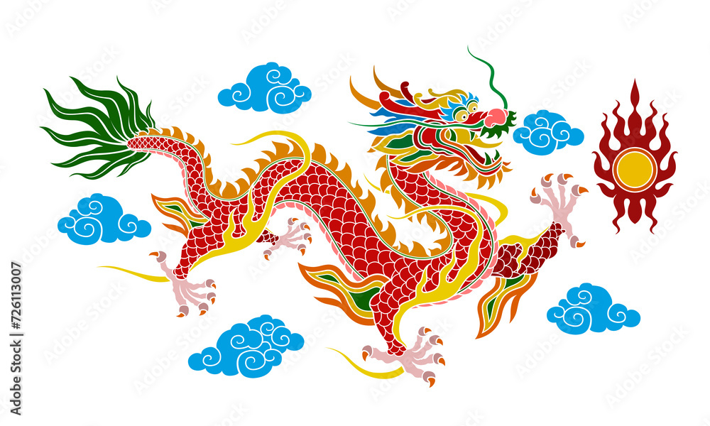 Obraz premium Tradition Chinese red dragon graphics Line patterns on a flat colorful background are used for decoration.