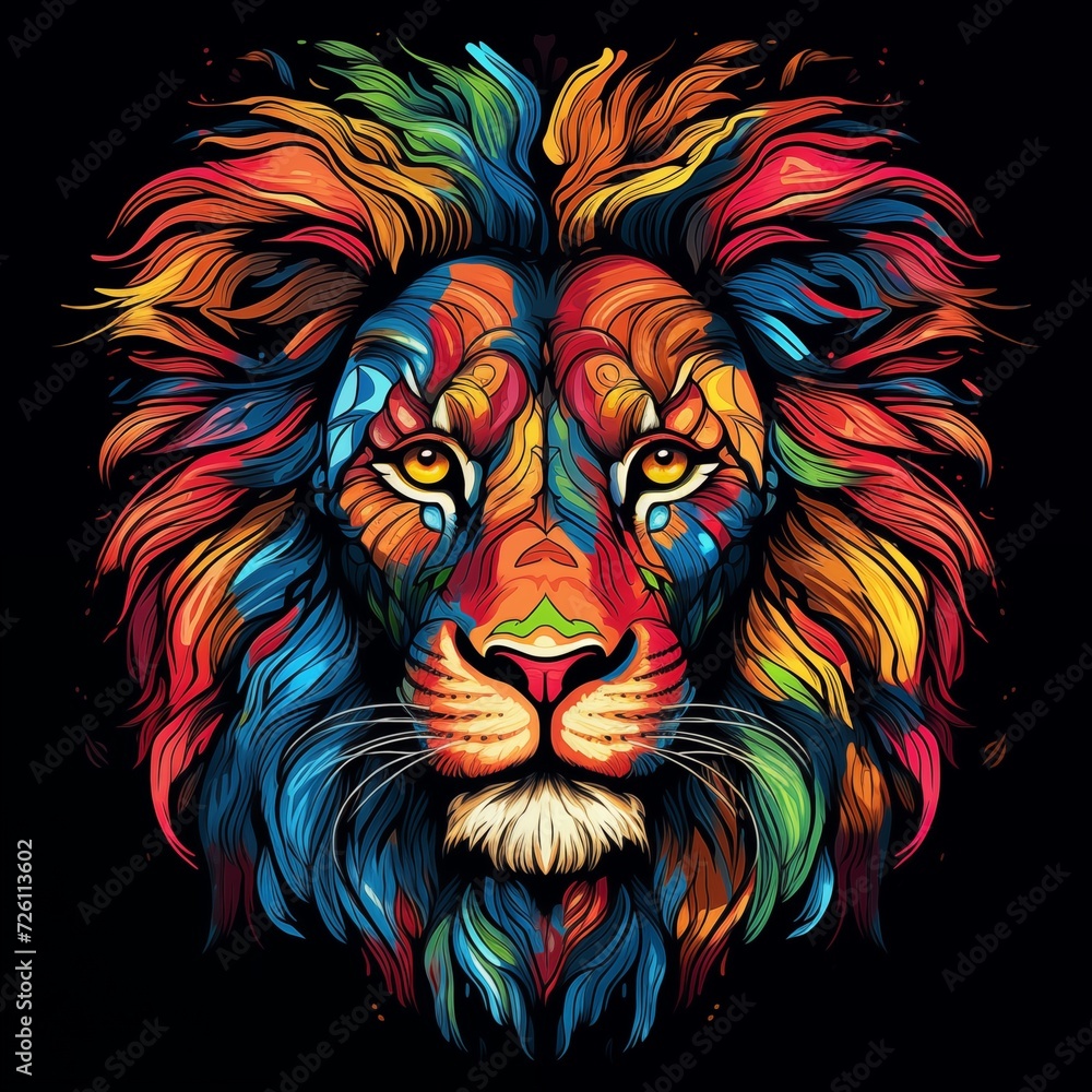 The Head of a Lion in a Multi-Colored Flame Isolated on a Black Background. Generative AI