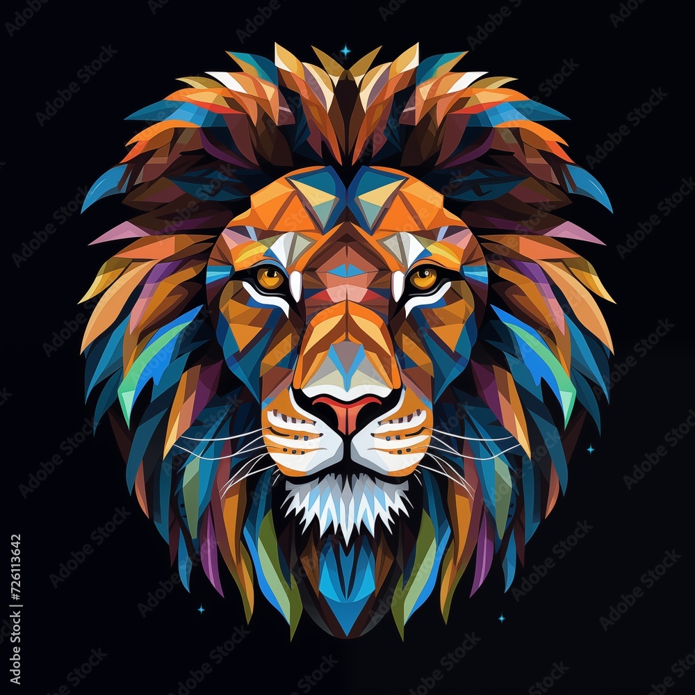 Obraz premium Geometric Symmetrical Colorful Lion Head Isolated on Black Background. Generative AI