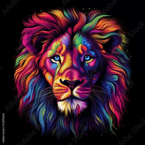 Colorful Art of a Lion Head Isolated on a Black Background. Generative AI