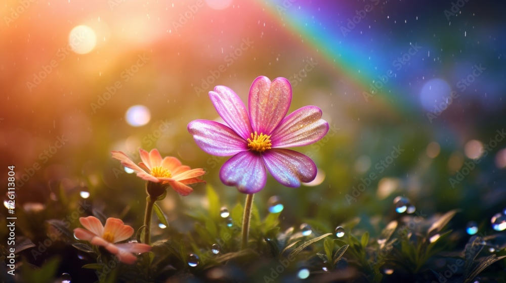 Vibrant pink wildflower under a sparkling rain with a soft rainbow in the background, showcasing nature's beauty. Vibrant pink wildflower under a sparkling rain with a soft rainbow in the background, showcasing nature's beauty.