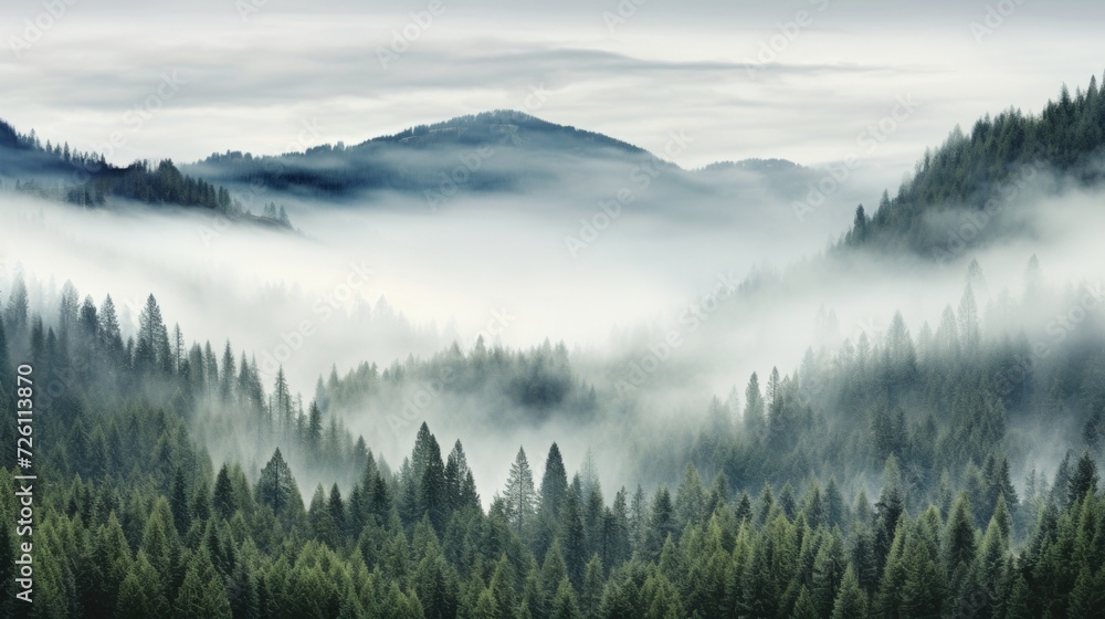 Foggy forest covering rolling hills, depicting serene natural beauty.