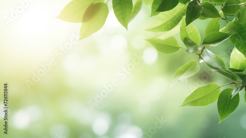 Lush green leaves with sun flare in a peaceful nature background.