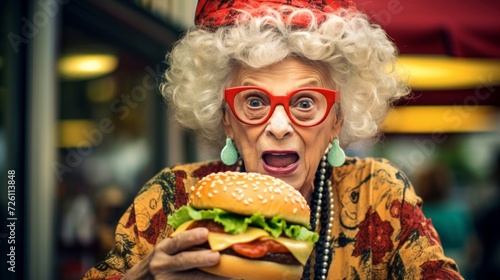 Eccentric older woman with a shocked expression holding a large hamburger.
