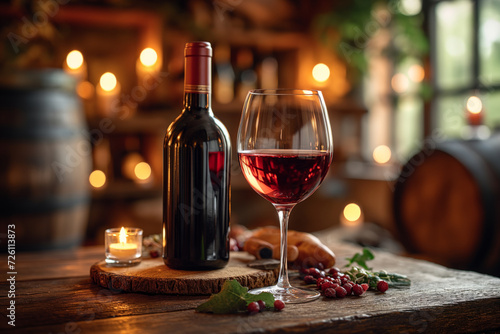 bottle and glass of red wine on a rustic wooden table, bathed in the warm, ambient glow of candlelight, evoking an intimate and cozy atmosphere