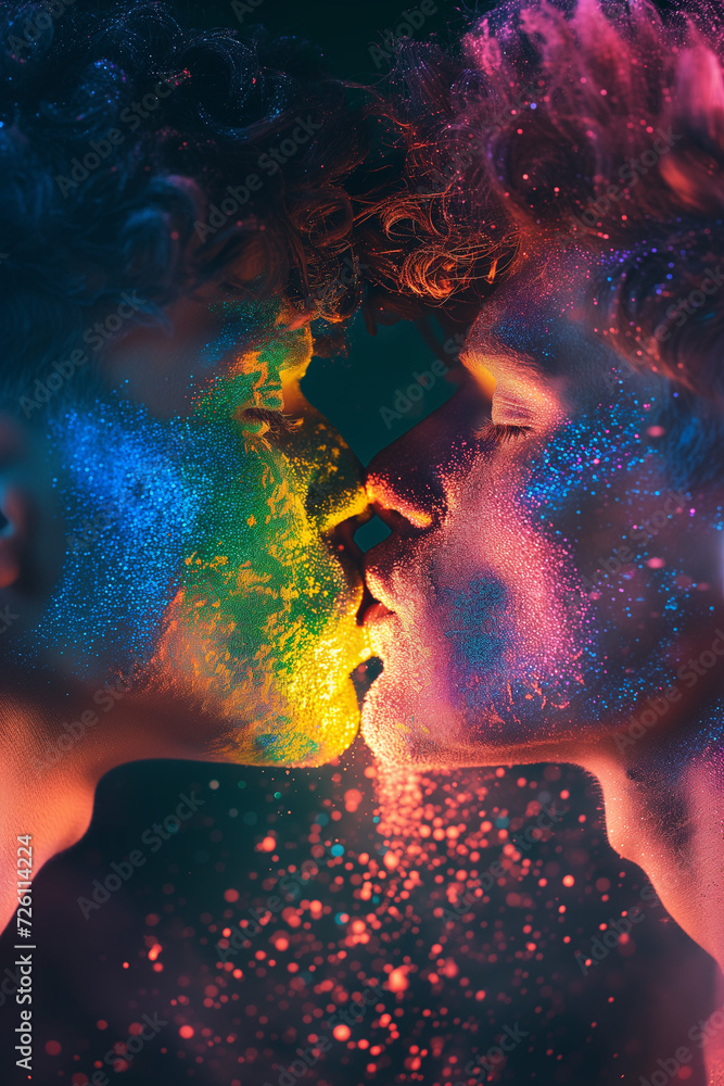 Two men kissing in a glitter powder dust explosion.