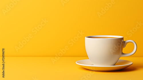a cup of coffee on a solid yellow background and copy space for add text
