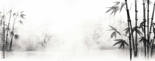 bamboo and branches in black and white, in the style of ink-wash landscape © wanna