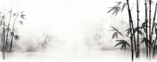 bamboo and branches in black and white  in the style of ink-wash landscape