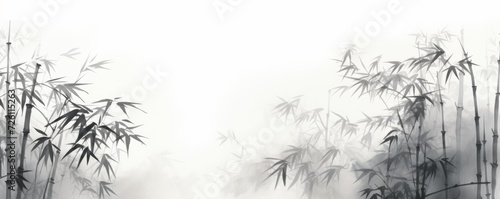 bamboo and branches in black and white, in the style of ink-wash landscape