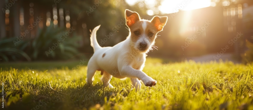 Adorable pedigreed Smooth Fox Terrier happily playing in the sunny backyard. - obrazy, fototapety, plakaty 