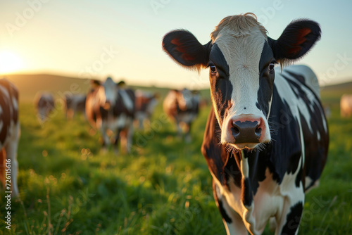close-up of a dairy cow looking at the camera on a lush green pasture at sunset, highlighting sustainable farming photo