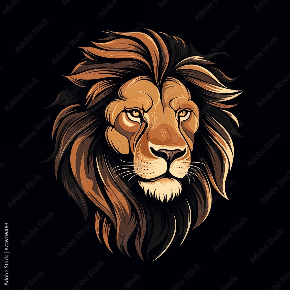 Fototapeta premium Flat Vector of a Lion Head on a Black Background. Generative AI