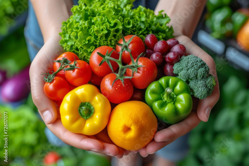 Hands gently holding a colorful selection of fresh produce, including tomatoes, grapes, and leafy greens, showcasing a variety of textures and colors