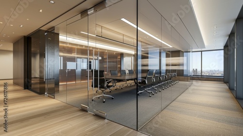 Smooth gl walls surround the conference room providing both privacy and a sense of openness.