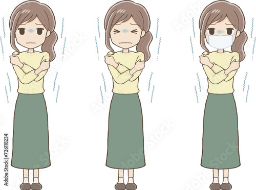 寒くて震えるロングスカートの女性（表情2種＋マスク）