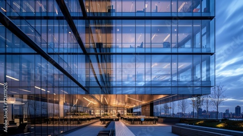 The reflective gl surfaces of the building catch the last rays of sunlight creating a stunning visual effect that adds depth and dimension to the office design.