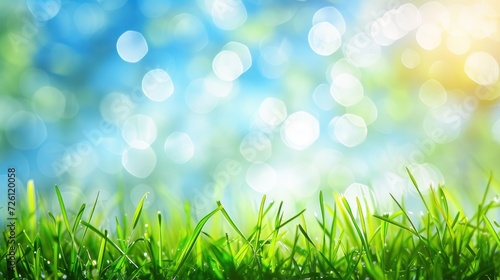 green grass and blue sky abstract bokeh background