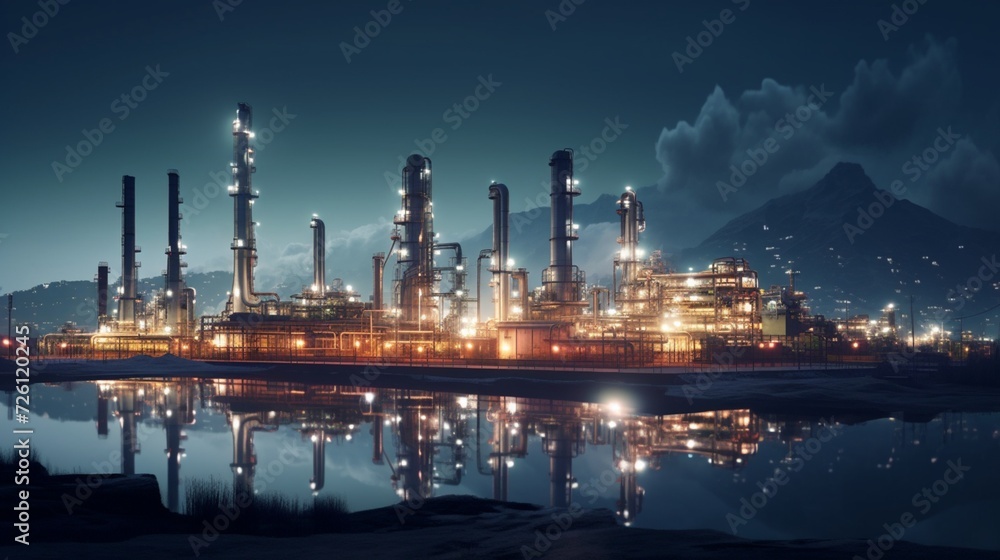 A night view of an illuminated oil refinery with towering structures