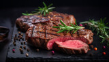 Grilled beef filet steaks with herbs and spices on dark slate background