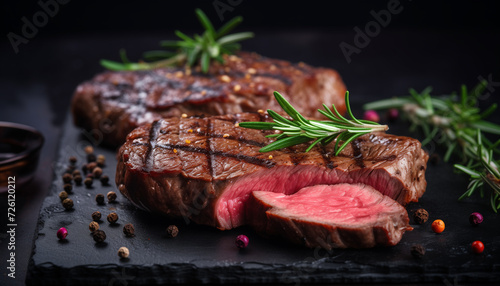 Grilled beef filet steaks with herbs and spices on dark slate background photo