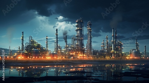 A night view of an illuminated oil refinery with towering structures and pipes