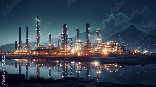 A night view of an illuminated oil refinery with towering structures
