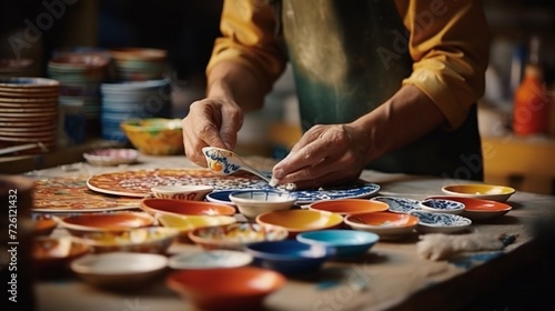A vibrant shot of a craftsperson hand-painting ceramics in a small workshop
