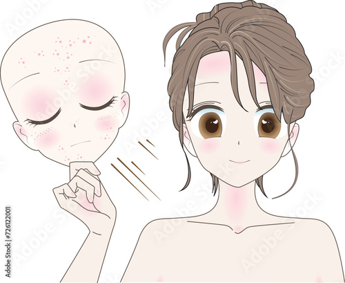 Vector modern flat style cartoon character illustration. A girl with no problem from her skin with acne. Such as lifting the mask.
