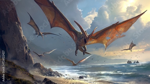 Obraz na plátně A group of Pterodactyls soaring above the intertidal zone their sharp beaks and great wingspan making them fearsome hunters of sea creatures