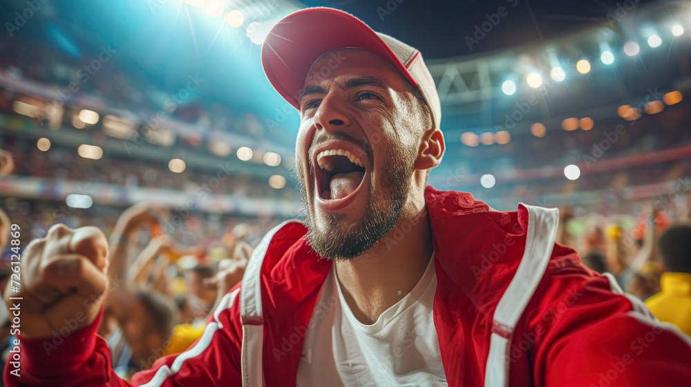 Excited Sports Fan Cheering in Stadium.Euphoric male sports fan ...